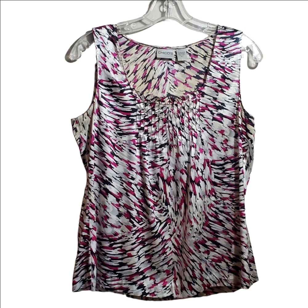 CHICO'S Sleeveless Top Multi-colored Abstract Print Pattern & Pleated Details